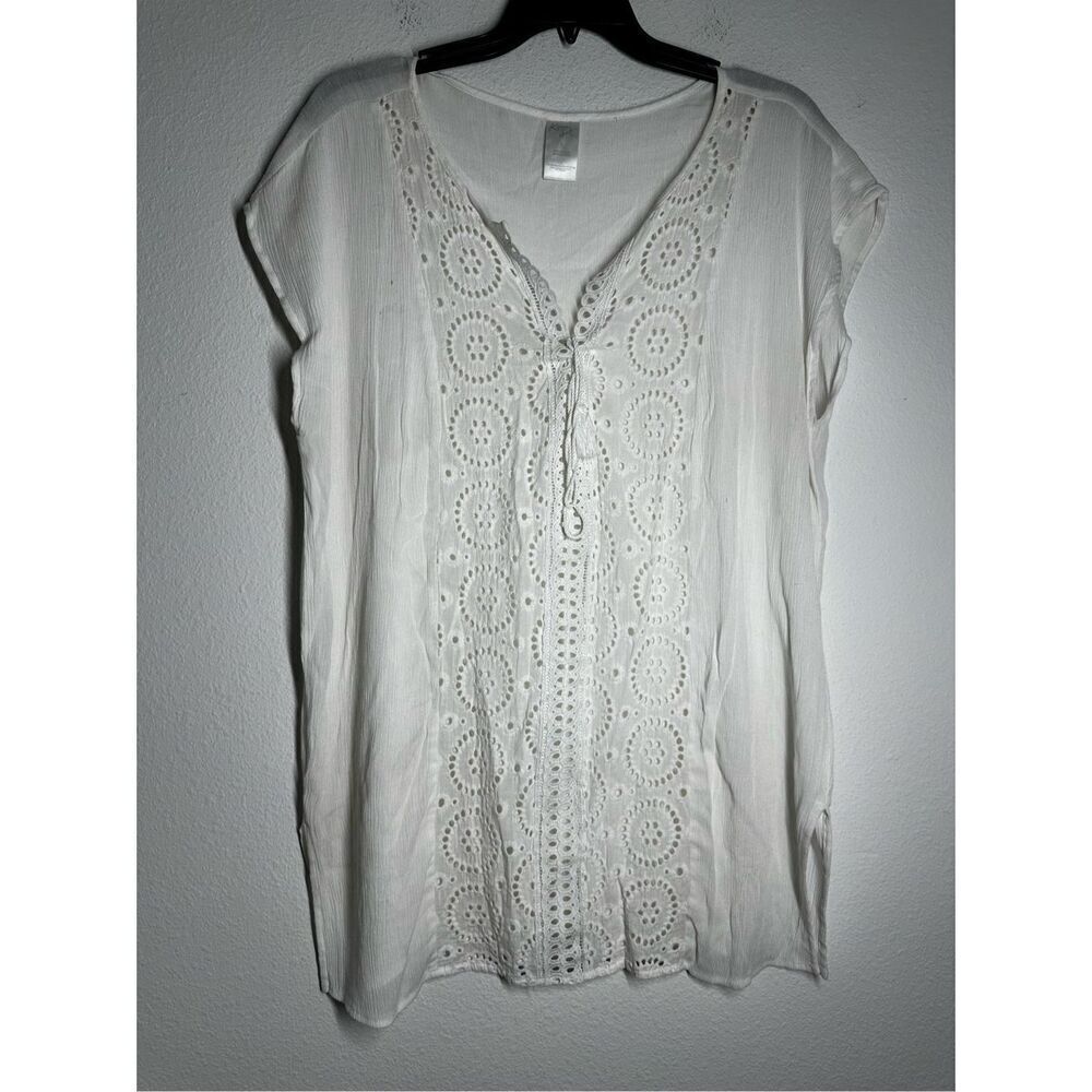 Kona Sol Swim Cover Up Tunic Eyelet Trim White Size L